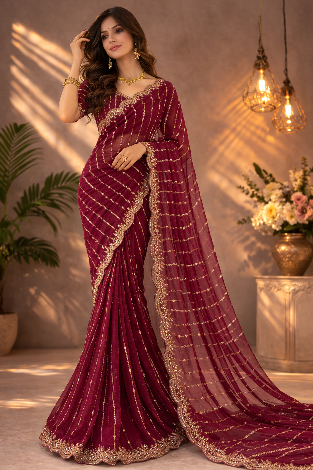 Maroon Embroidered Georgette Saree with Golden Zari Border