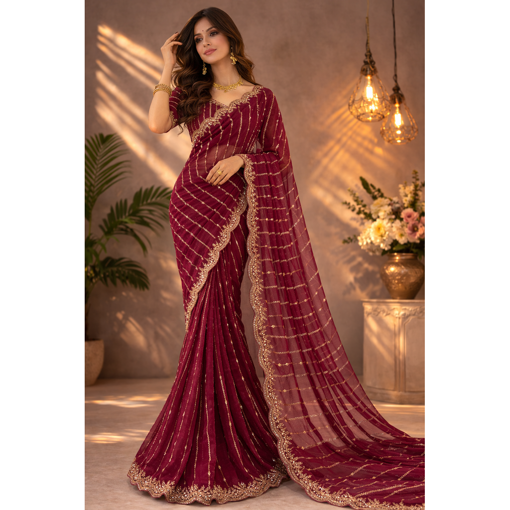 Maroon Embroidered Georgette Saree with Golden Zari Border