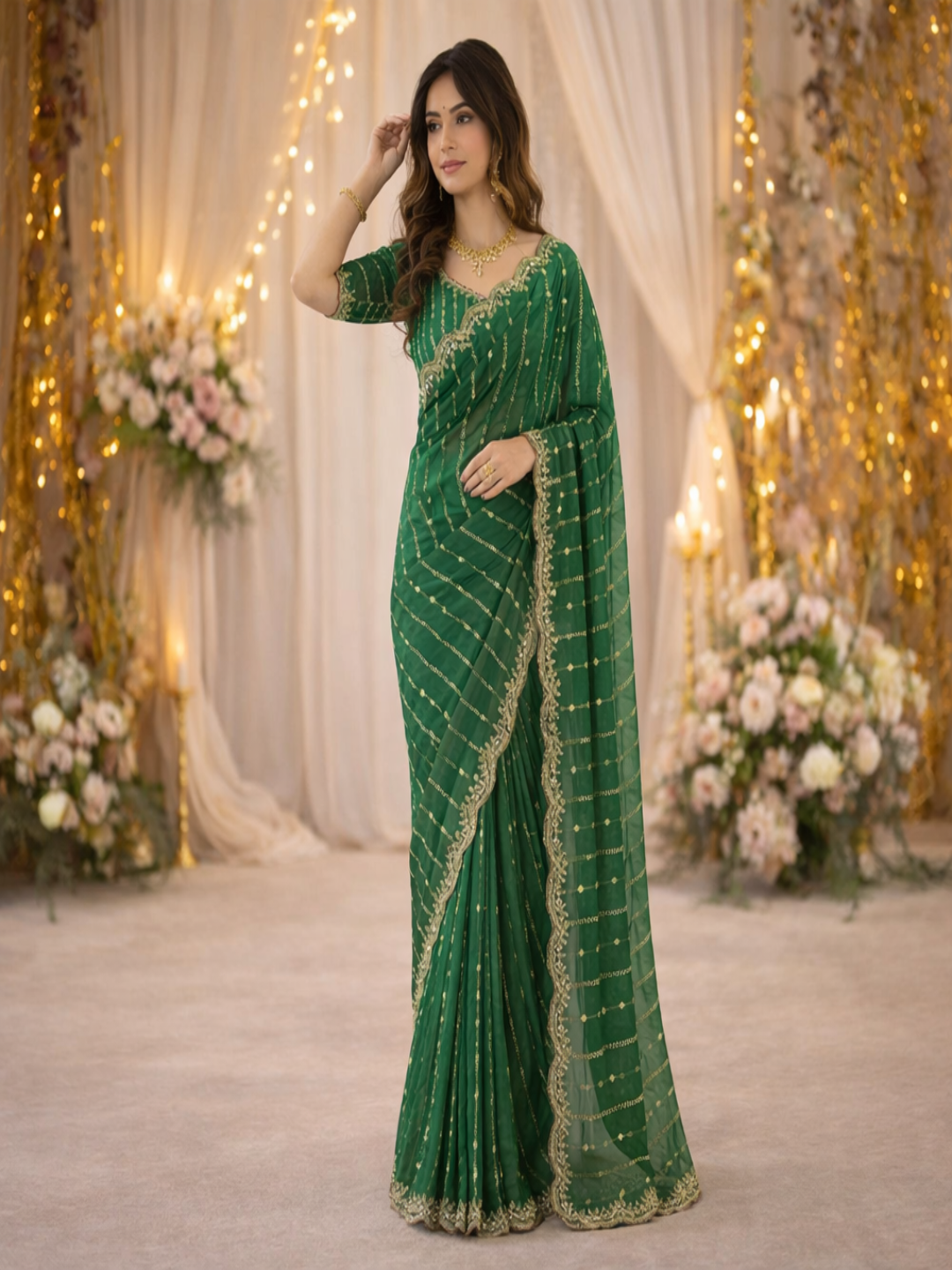 Maroon Embroidered Georgette Saree with Golden Zari Border