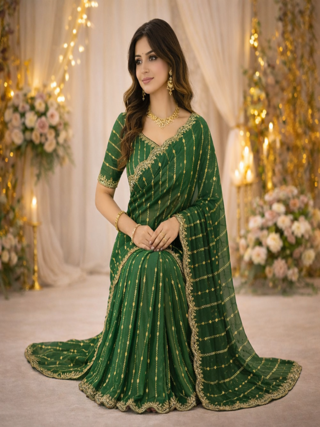 Maroon Embroidered Georgette Saree with Golden Zari Border