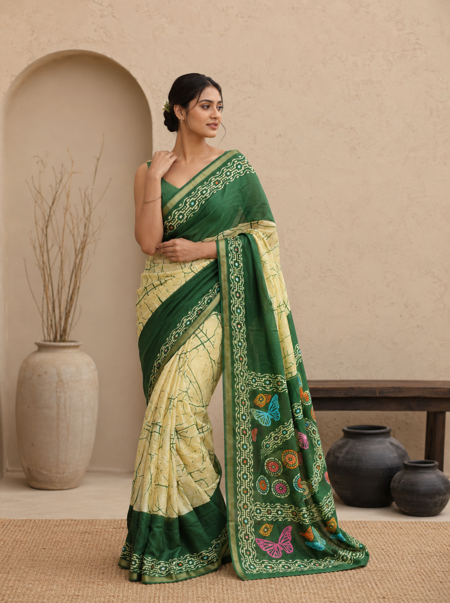 Crimson Hand-Block Chander Red colour cotton saree