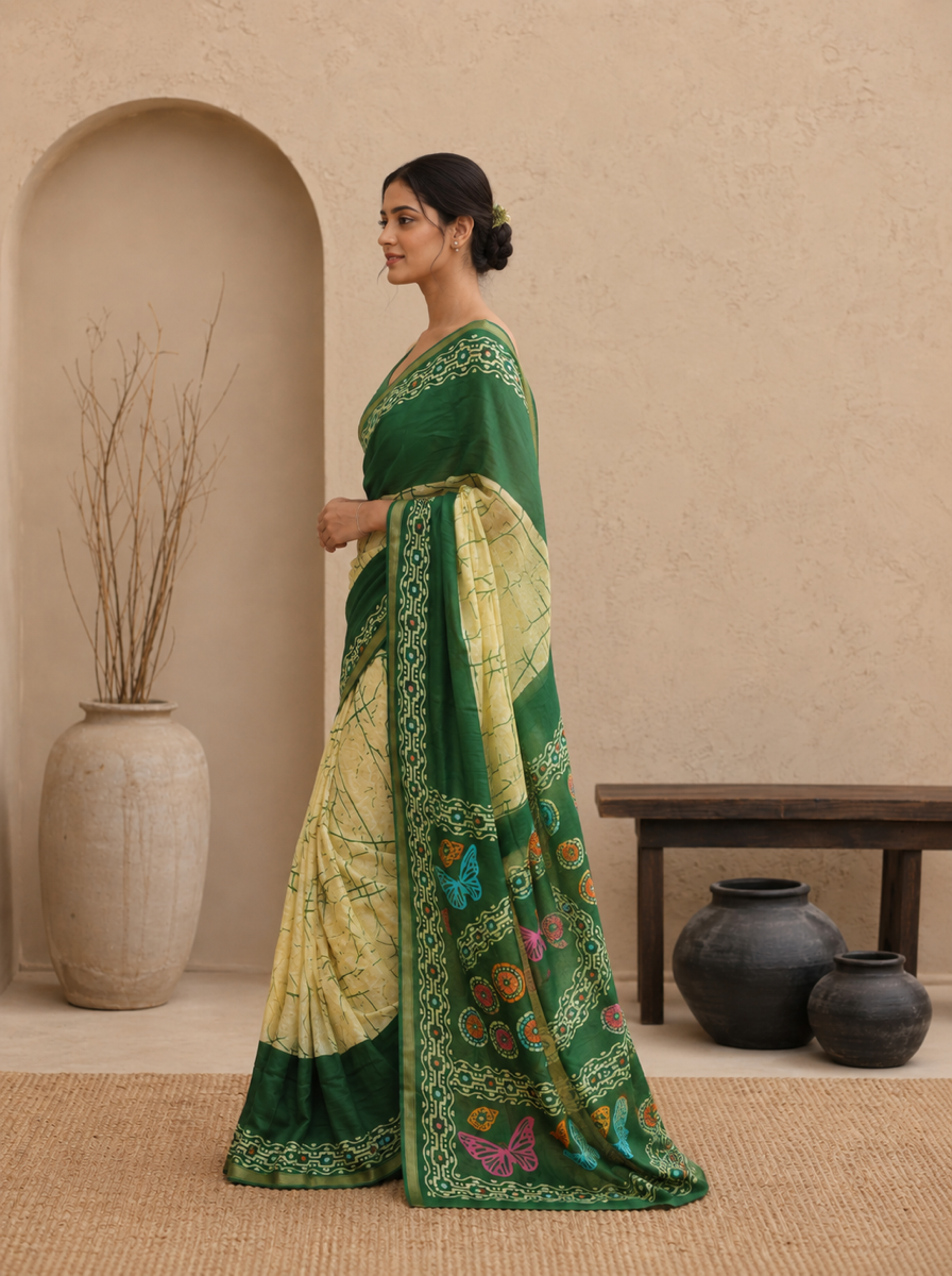 Crimson Hand-Block Chander Red colour cotton saree