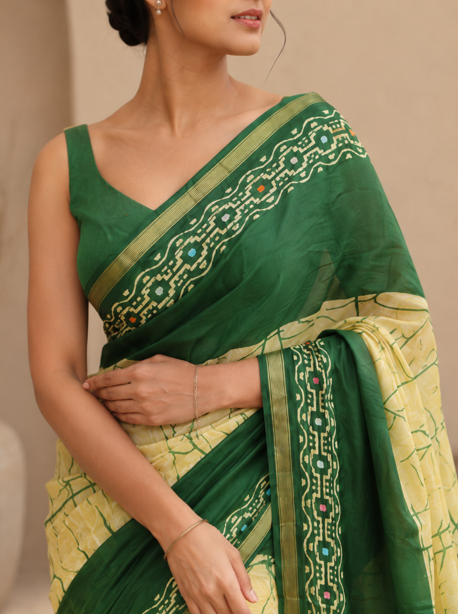Crimson Hand-Block Chander Red colour cotton saree