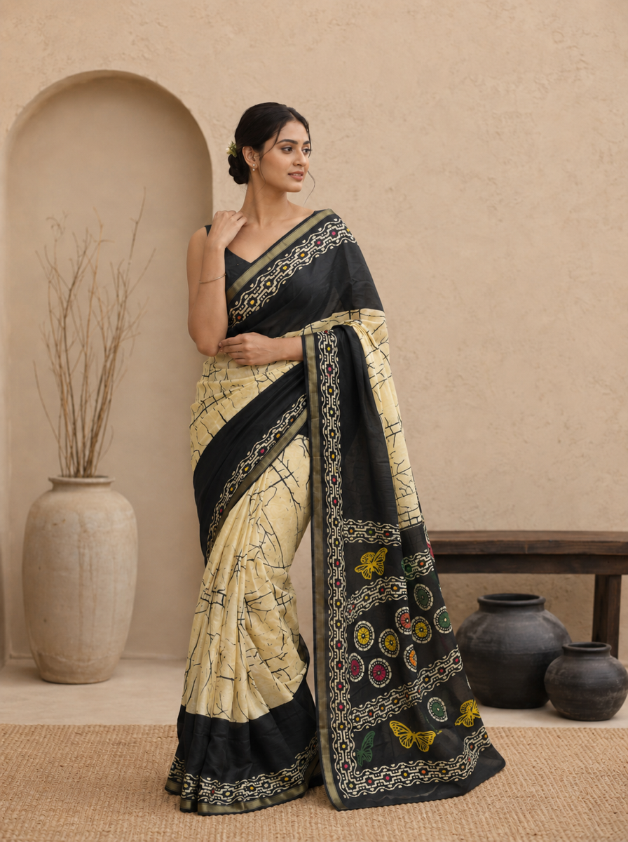 Crimson Hand-Block Chander Red colour cotton saree