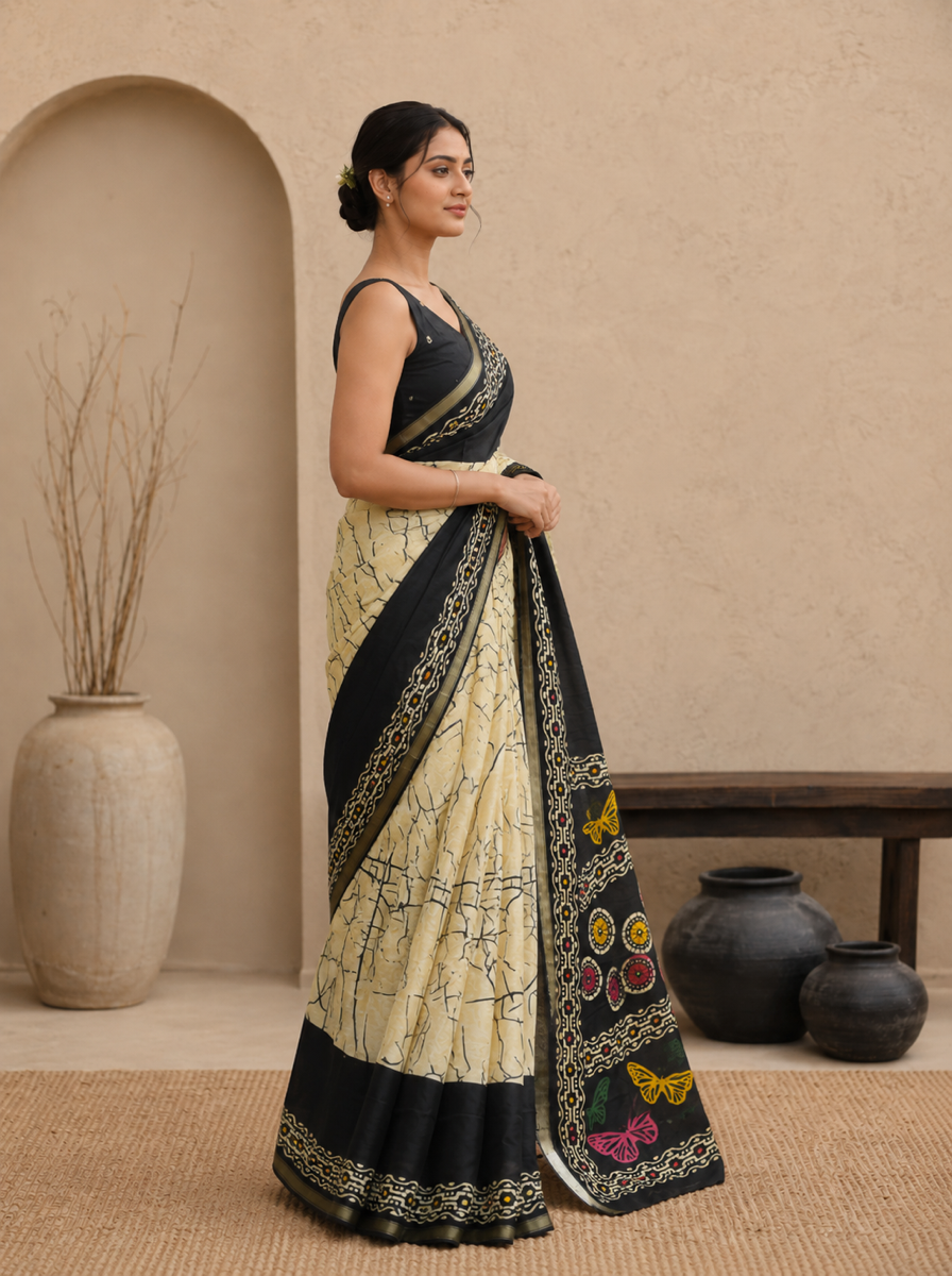 Crimson Hand-Block Chander Red colour cotton saree