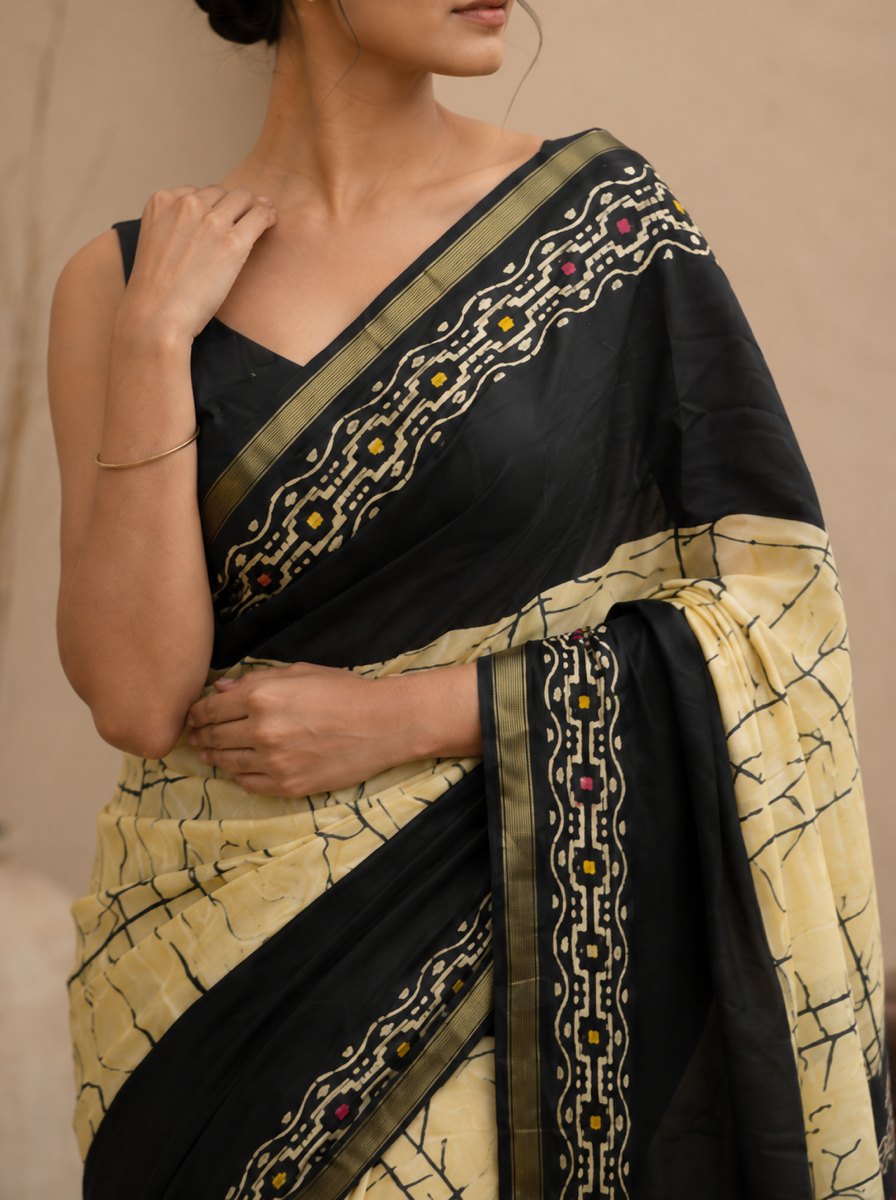 Crimson Hand-Block Chander Red colour cotton saree