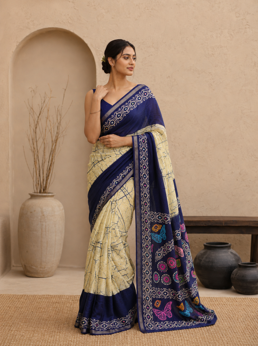Crimson Hand-Block Chander Red colour cotton saree