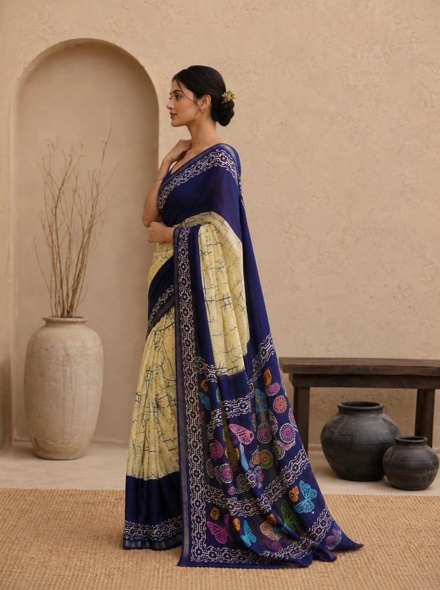 Crimson Hand-Block Chander Red colour cotton saree