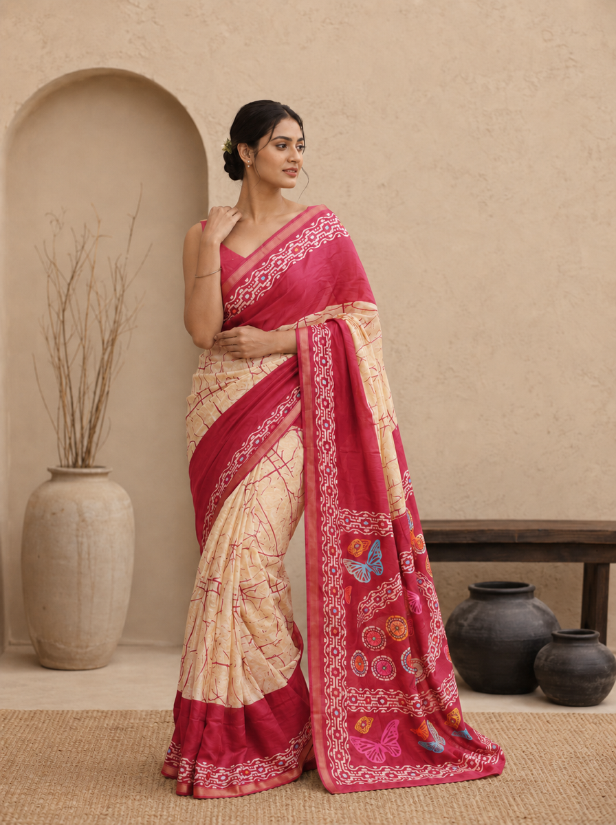 Crimson Hand-Block Chander Red colour cotton saree