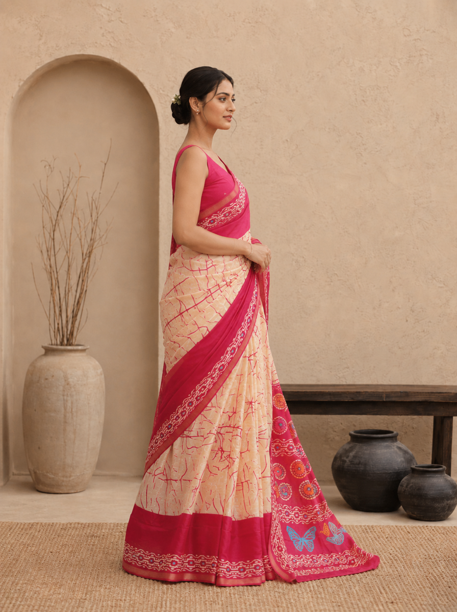 Crimson Hand-Block Chander Red colour cotton saree