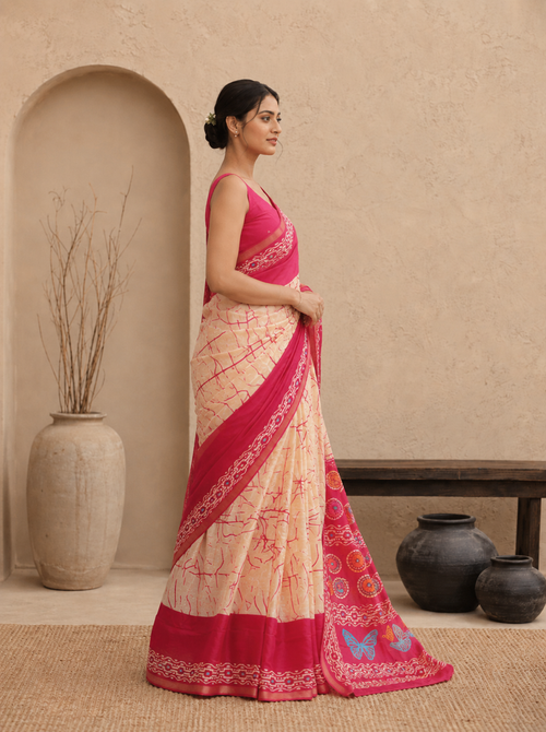 Crimson Hand-Block Chander Red colour cotton saree
