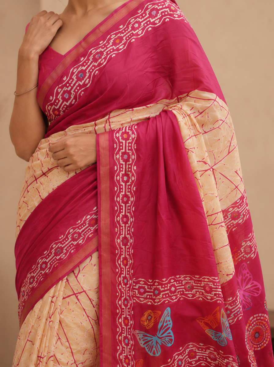 Crimson Hand-Block Chander Red colour cotton saree