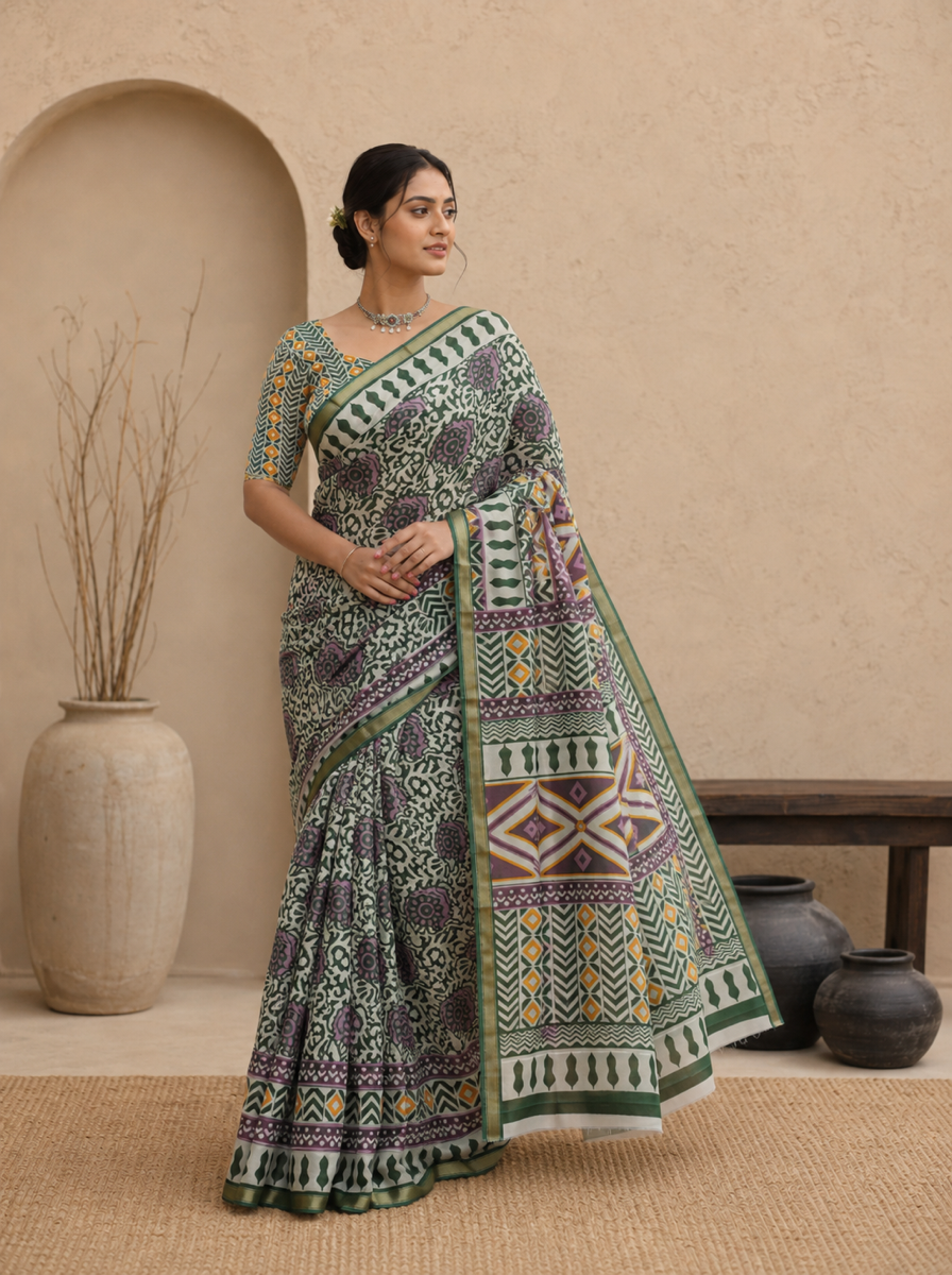 Black Pure Cotton Batik Print Saree
