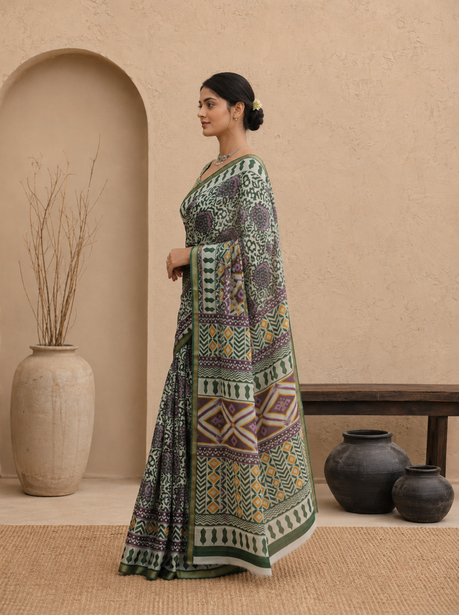Black Pure Cotton Batik Print Saree