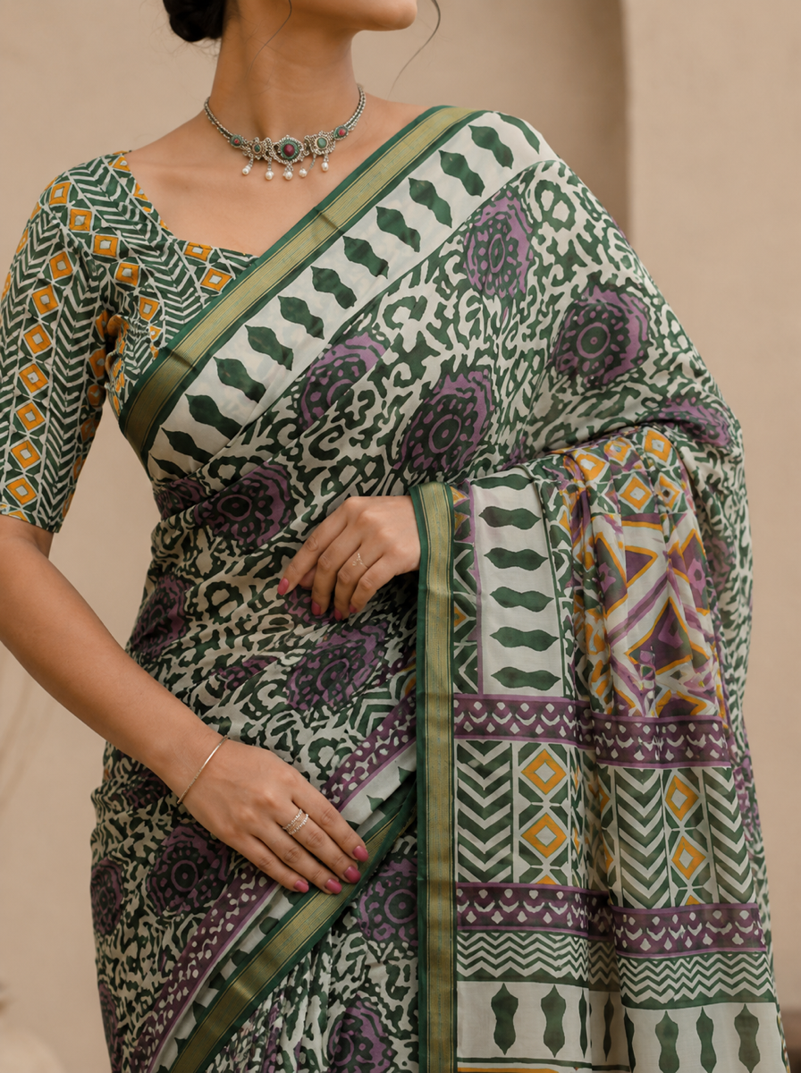 Black Pure Cotton Batik Print Saree