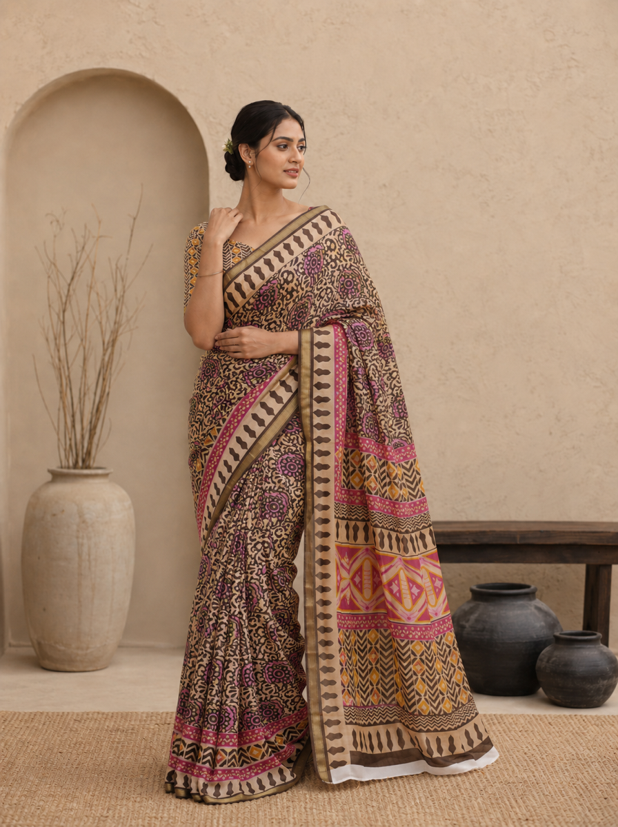 Black Pure Cotton Batik Print Saree