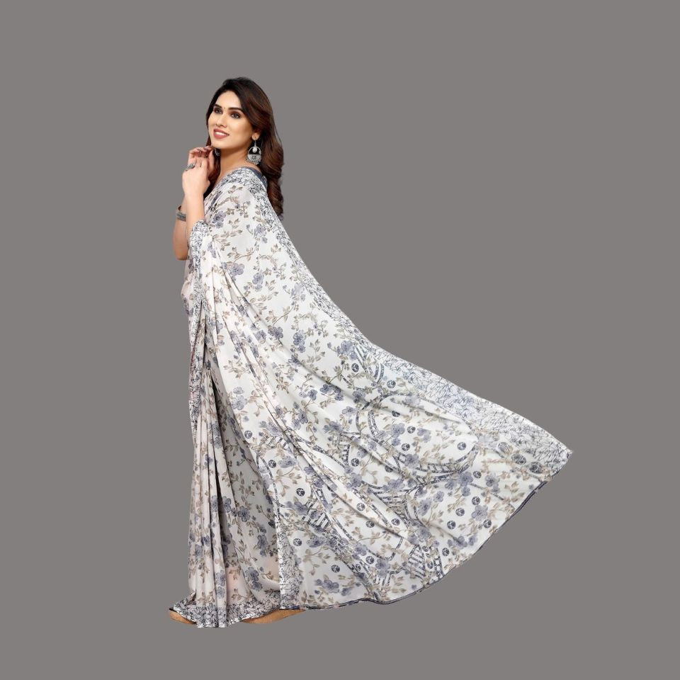Trio Elegance White-Grey-Beige Floral Georgette Saree