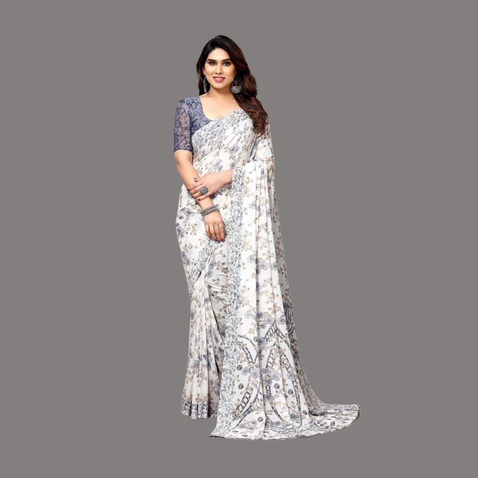 Trio Elegance White-Grey-Beige Floral Georgette Saree