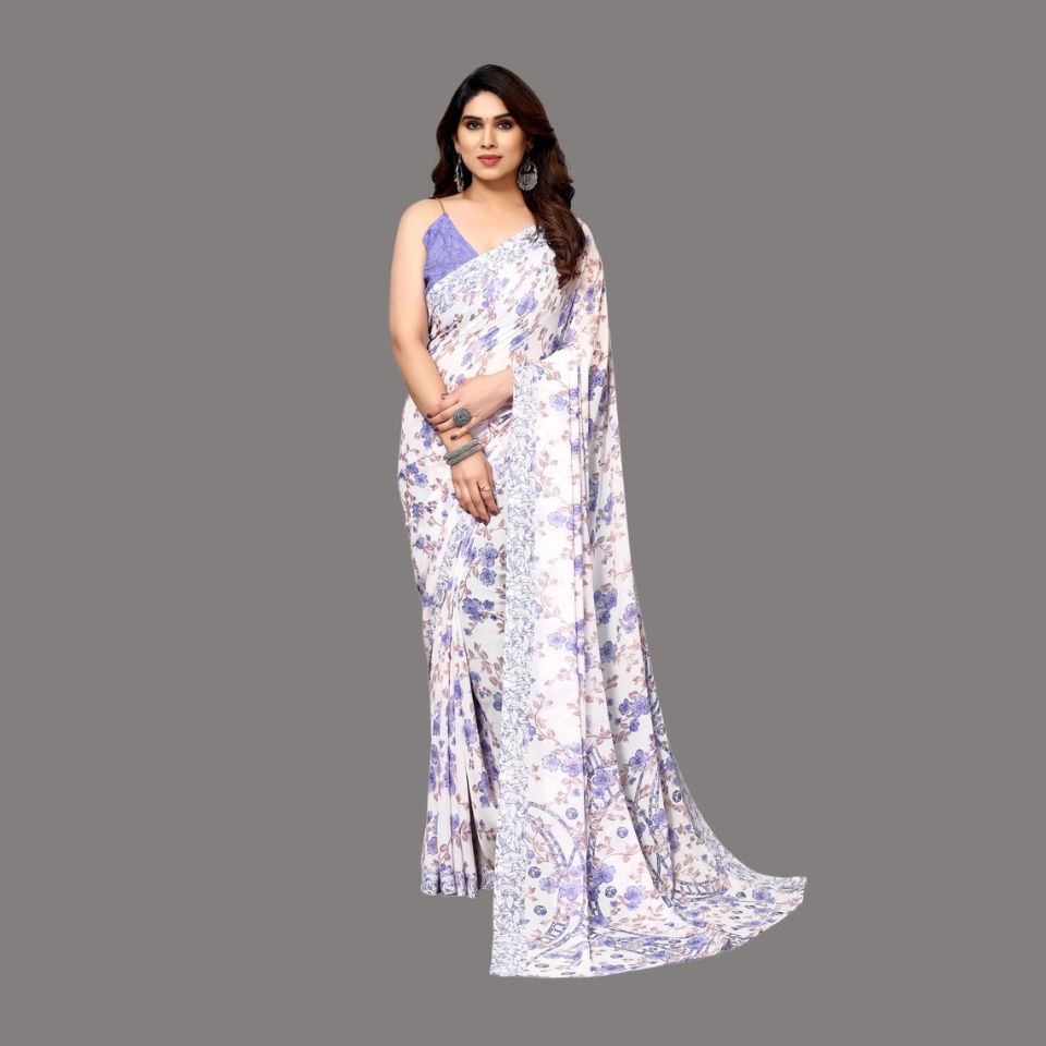 Trio Elegance White-Grey-Beige Floral Georgette Saree