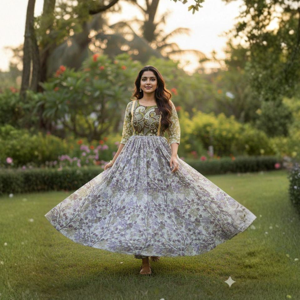 Cubic Black Kalamkari Printed Maxi Dress