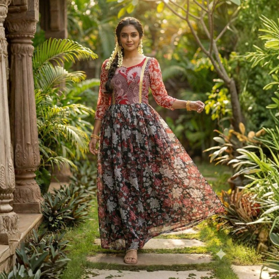 Cubic Black Kalamkari Printed Maxi Dress