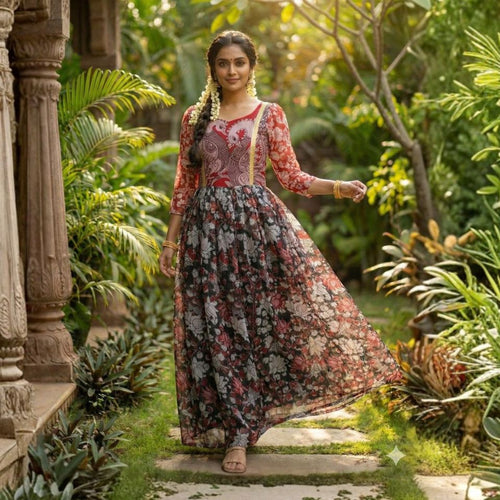Cubic Black Kalamkari Printed Maxi Dress