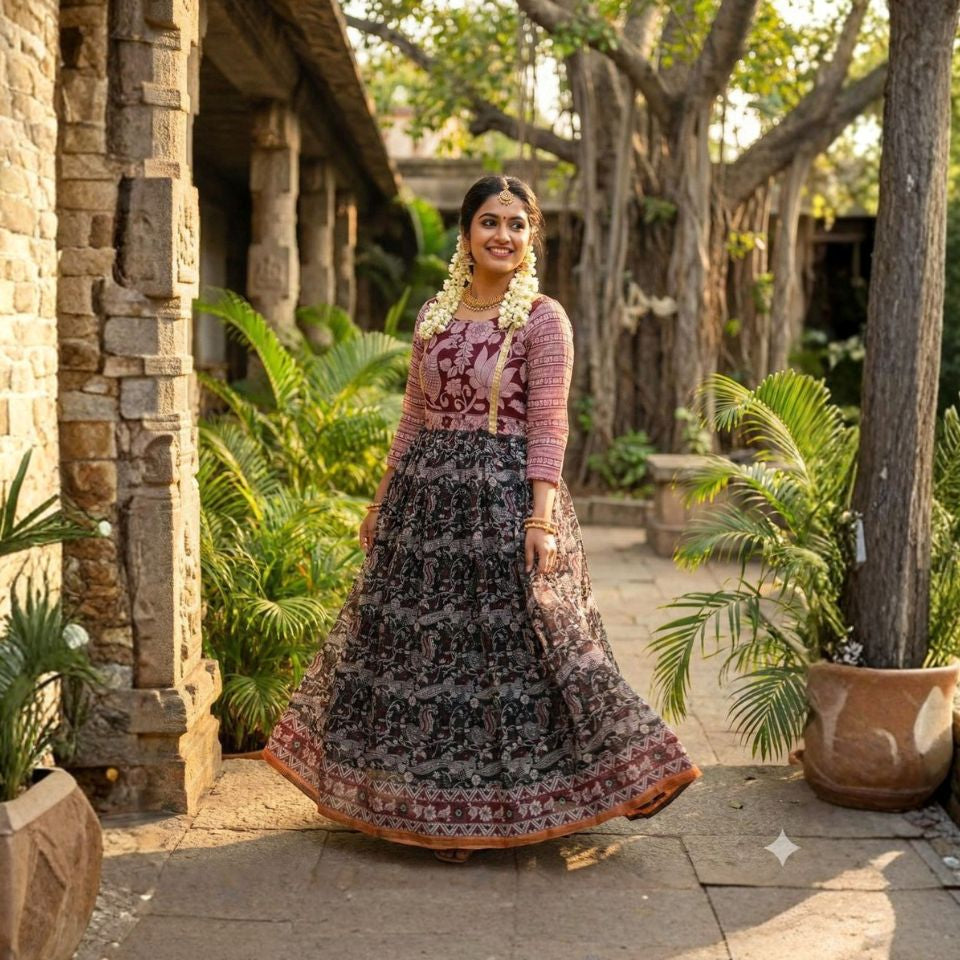 Cubic Black Kalamkari Printed Maxi Dress