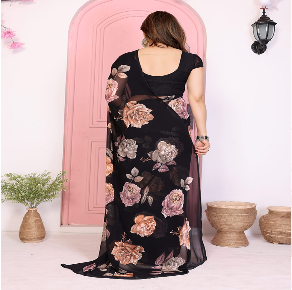 Elegant Black Floral Printed Chiffon Saree with Flower Design – Stylish Party & Casual Wear