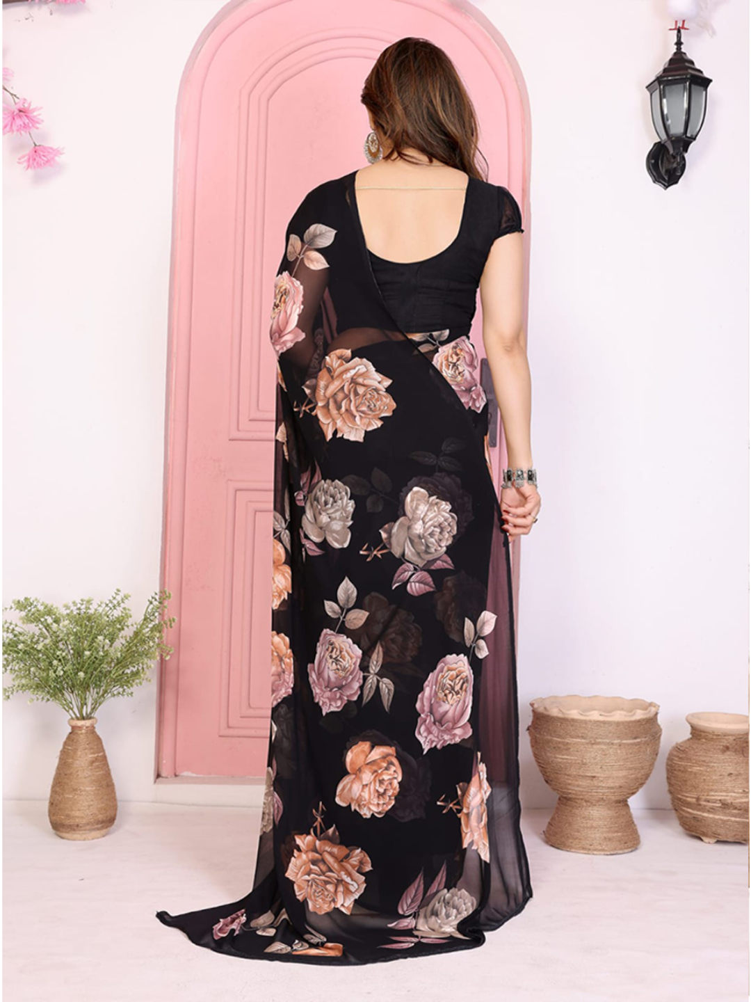 Elegant Black Floral Printed Chiffon Saree with Flower Design – Stylish Party & Casual Wear