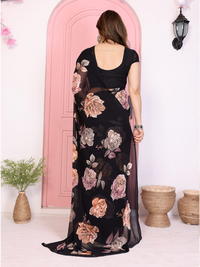 Elegant Black Floral Printed Chiffon Saree with Flower Design – Stylish Party & Casual Wear