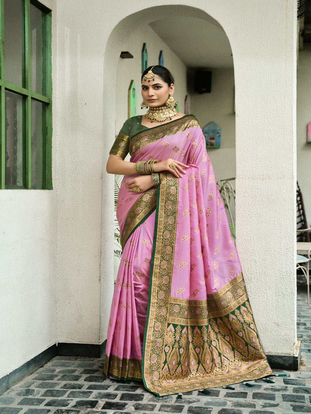 Pink & Green Meenakari Paithani saree