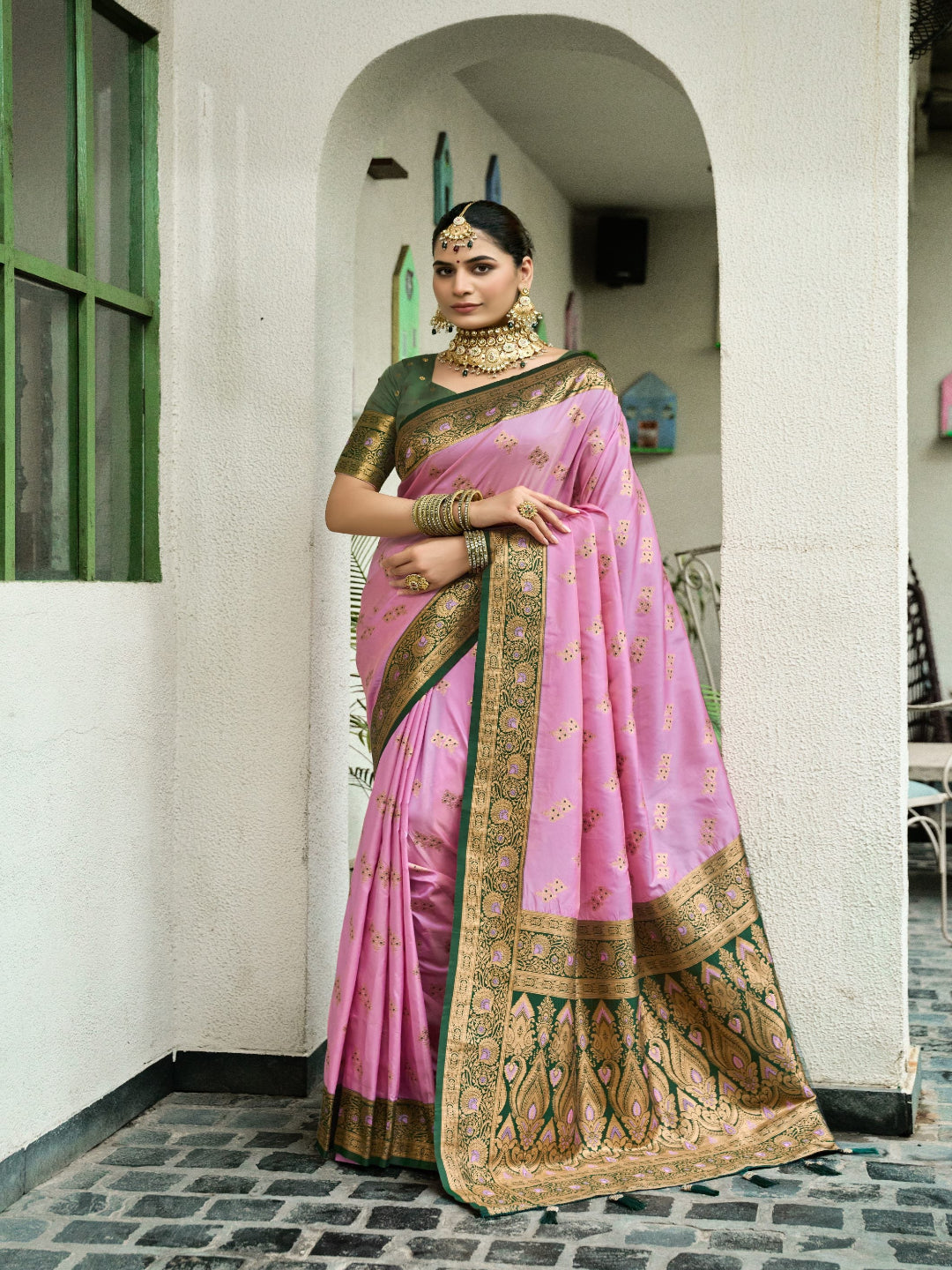 Pink & Green Meenakari Paithani saree