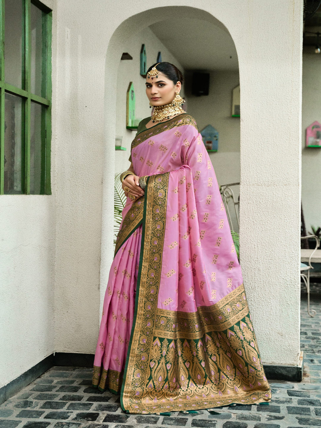 Pink & Green Meenakari Paithani saree