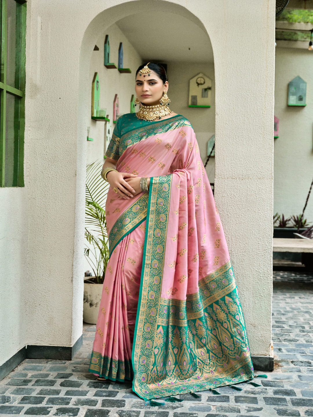 Pink & Green Meenakari Paithani saree