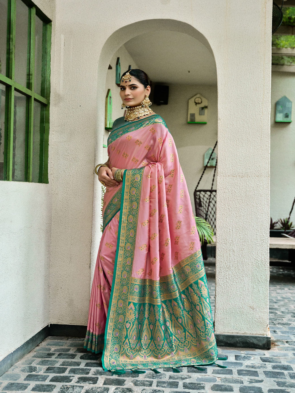 Pink & Green Meenakari Paithani saree