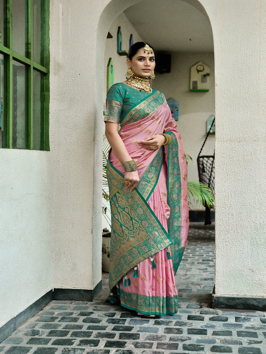 Pink & Green Meenakari Paithani saree