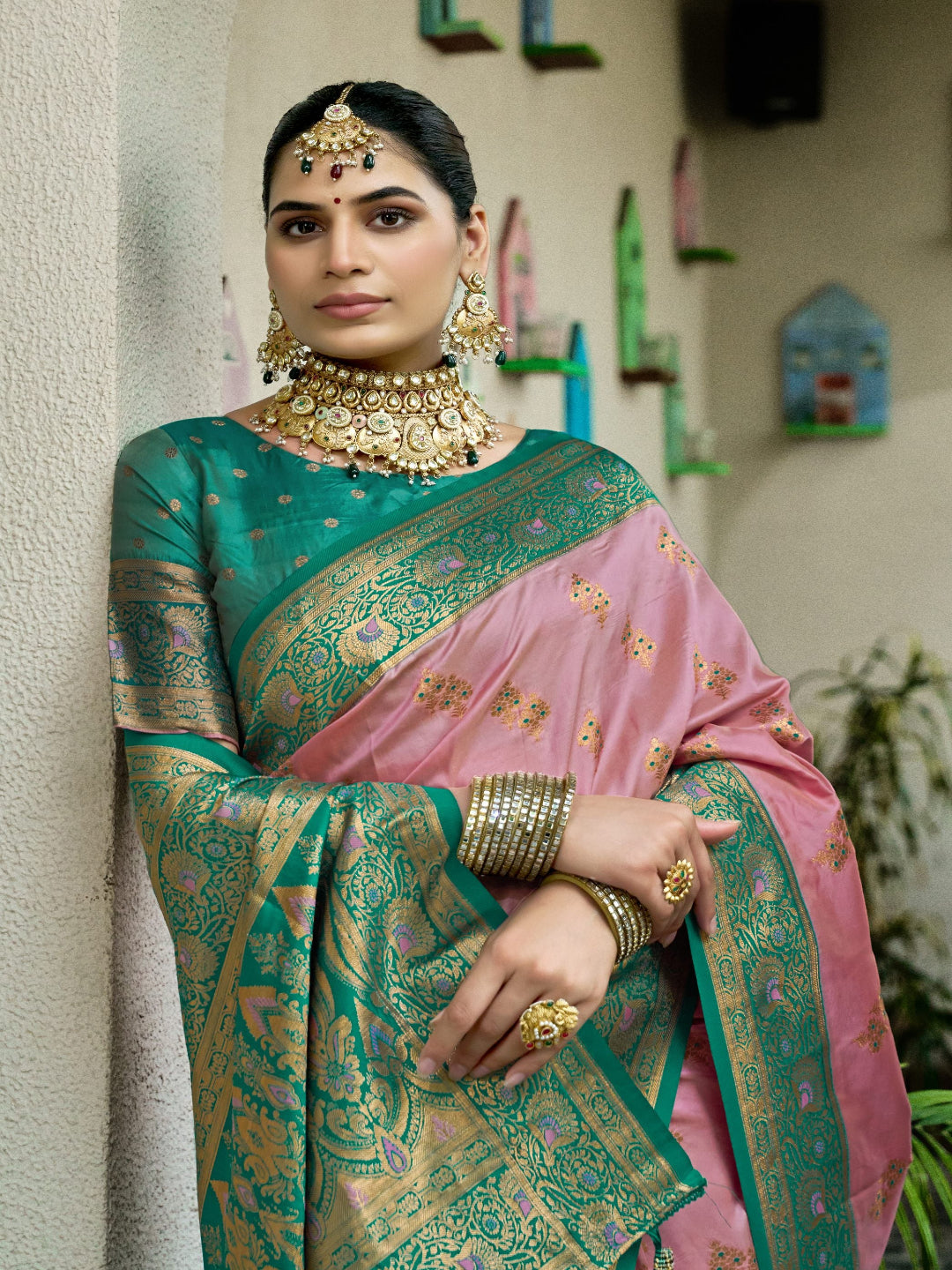 Pink & Green Meenakari Paithani saree