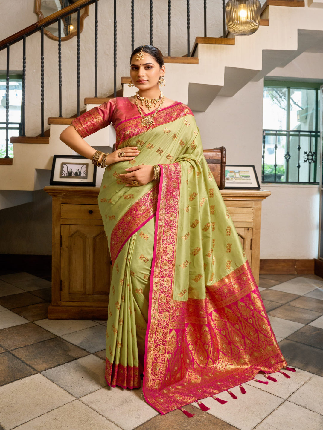 Pink & Green Meenakari Paithani saree
