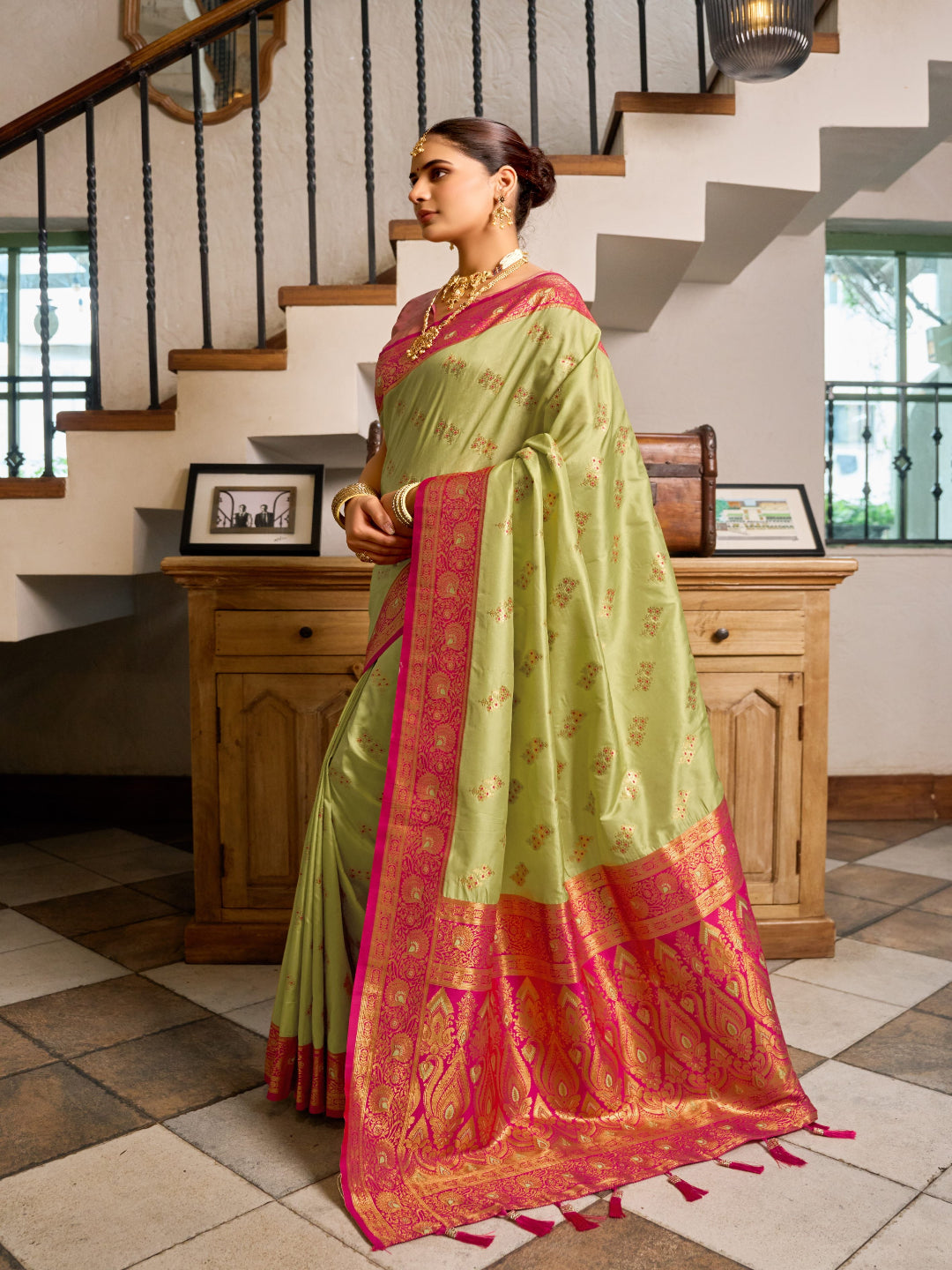 Pink & Green Meenakari Paithani saree