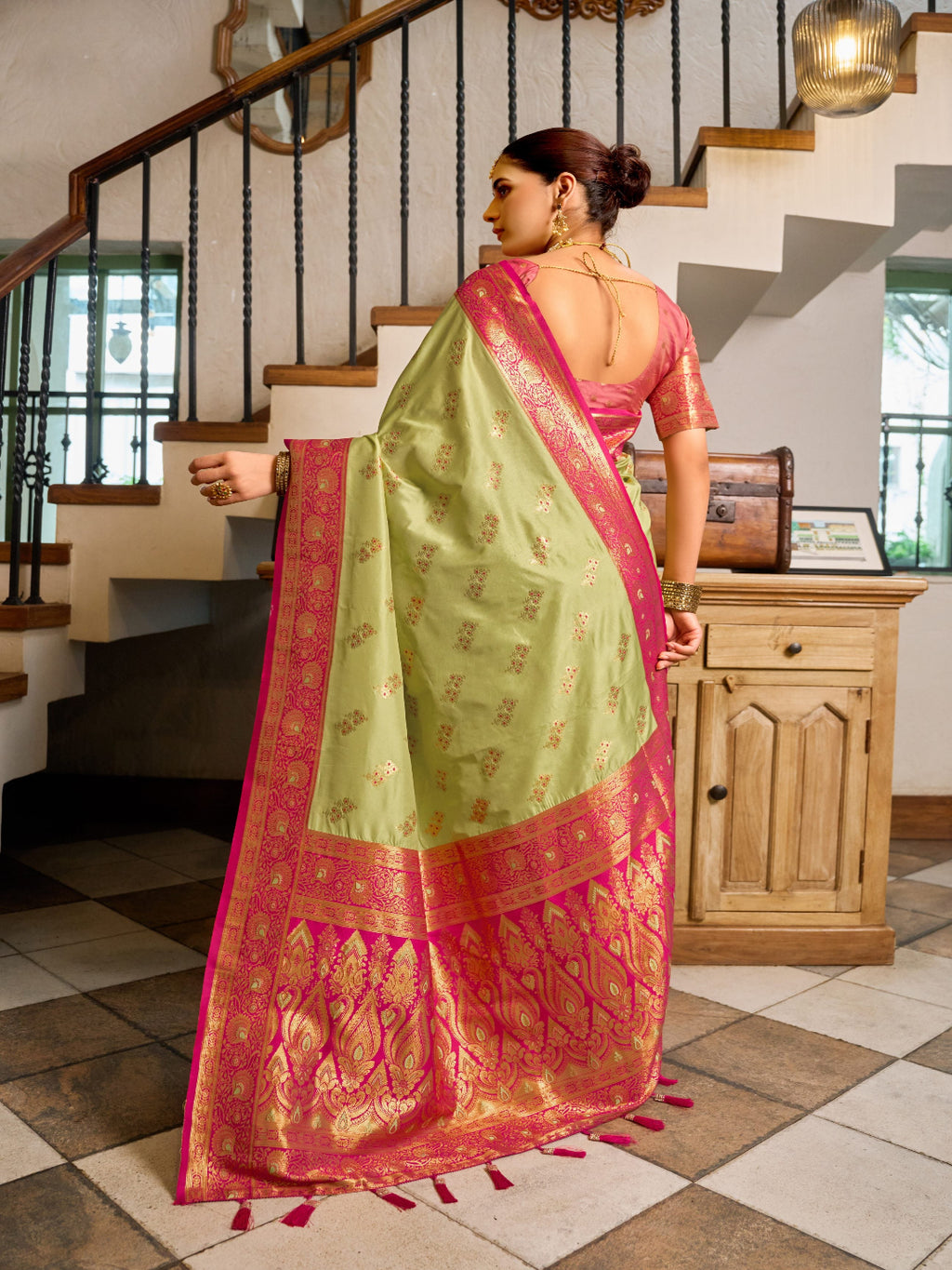 Pink & Green Meenakari Paithani saree