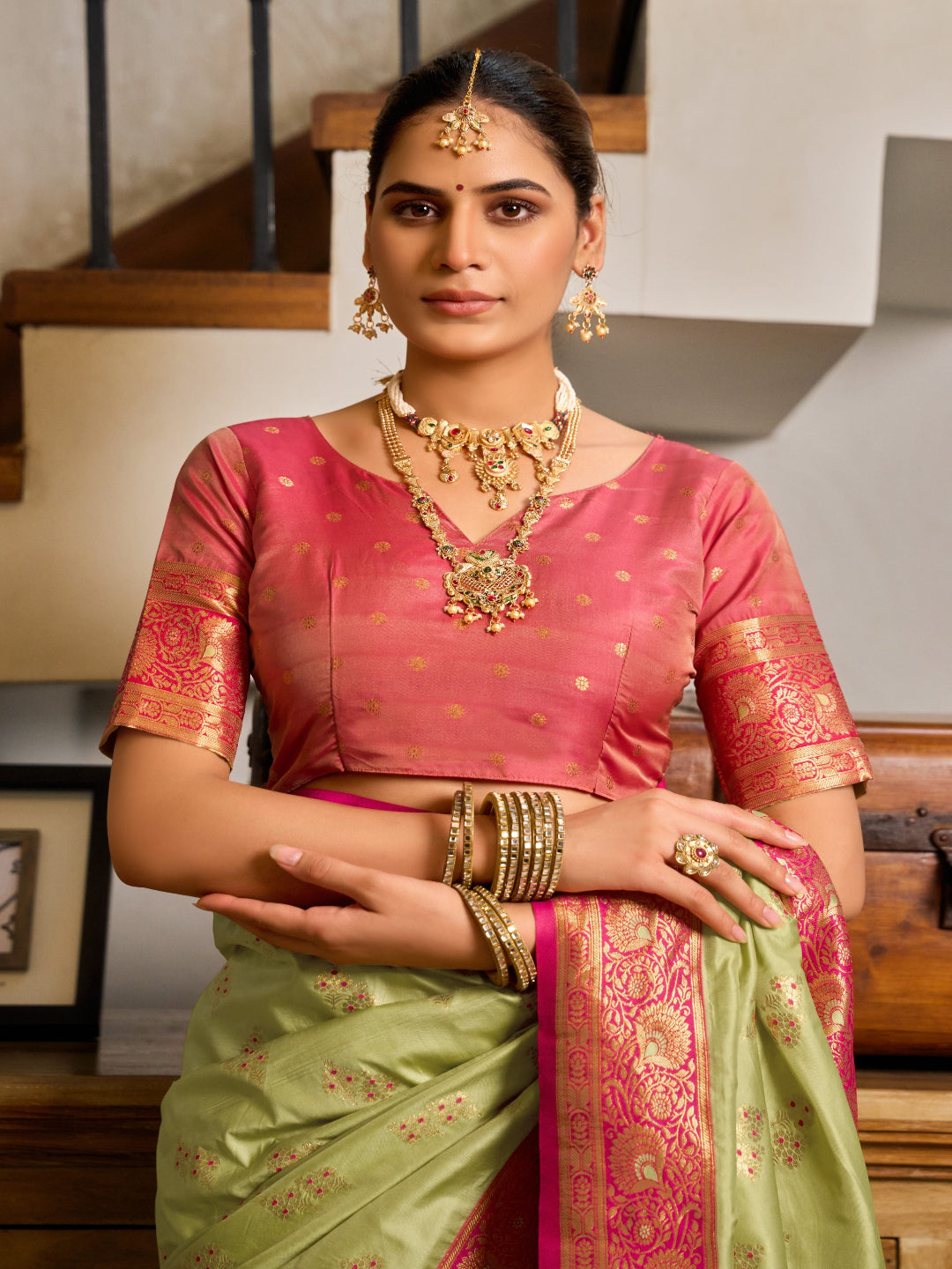 Pink & Green Meenakari Paithani saree
