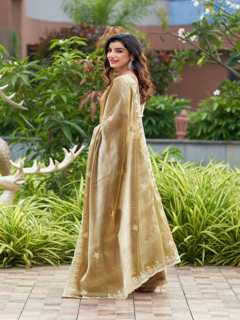 Golden Radiance: Highlighting the glowing tone of the beige shimmer chiffon saree.