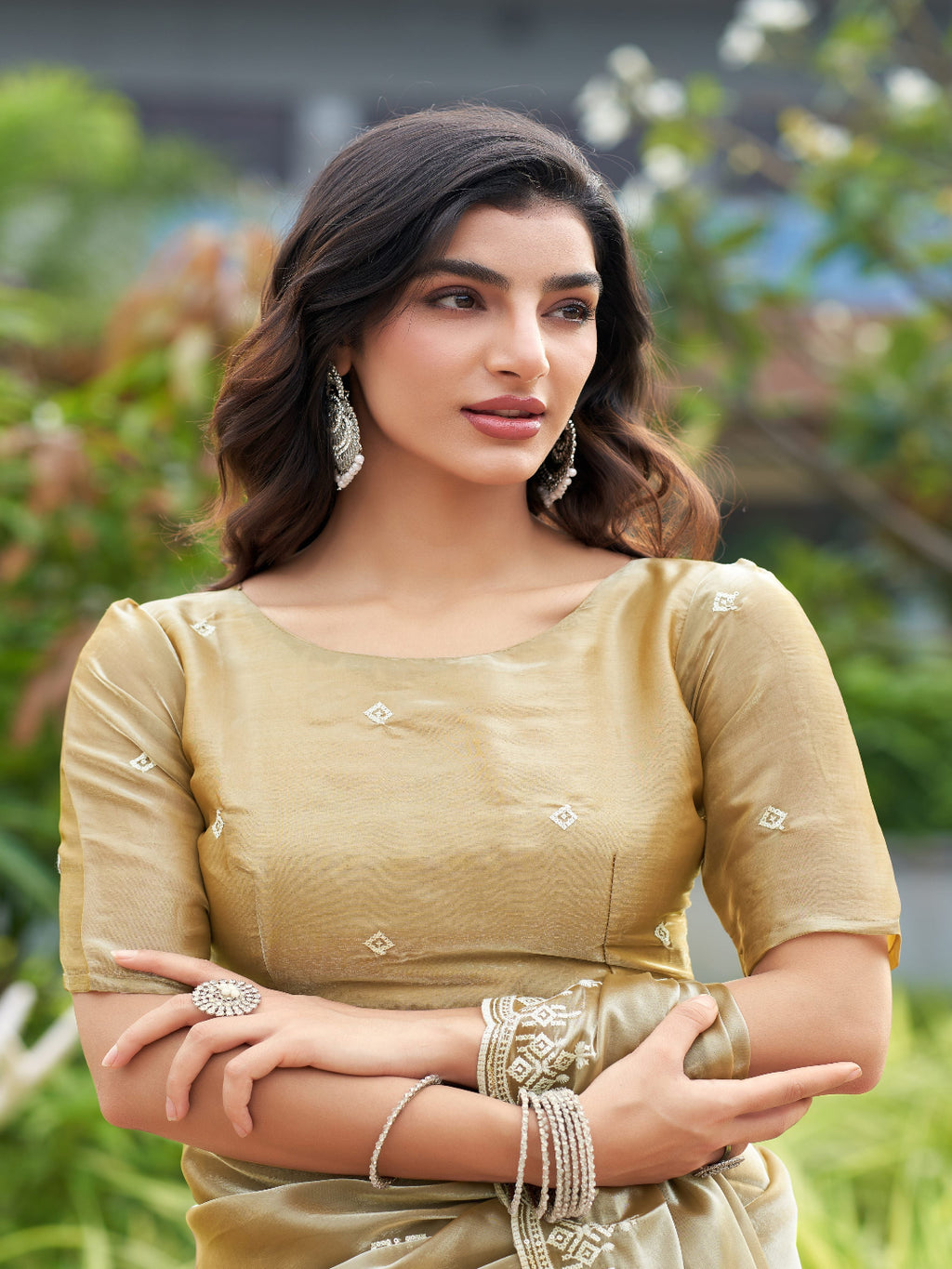Golden Radiance: Highlighting the glowing tone of the beige shimmer chiffon saree.
