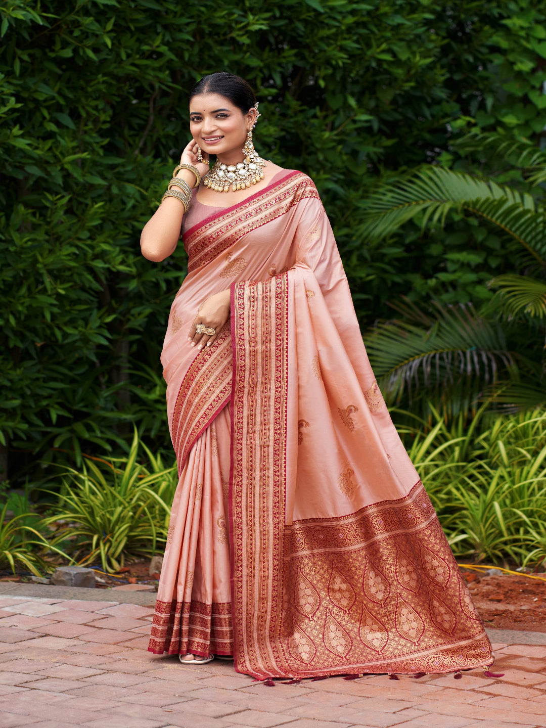 Elegant Peach Silk Saree with Contrast Maroon Heavy Zari Work