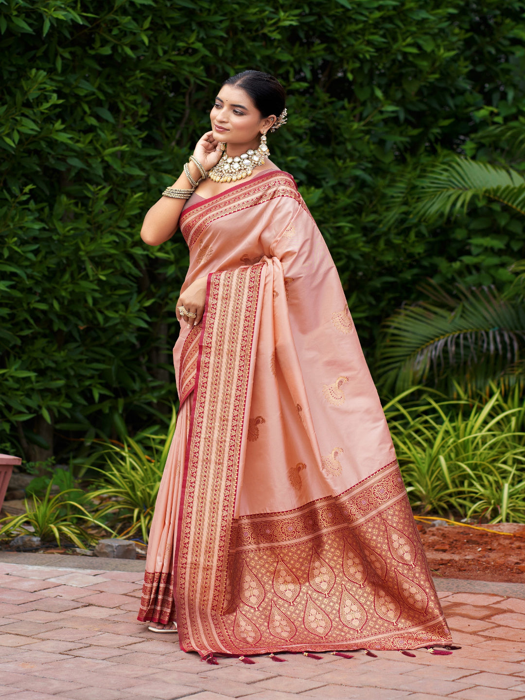 Elegant Peach Silk Saree with Contrast Maroon Heavy Zari Work