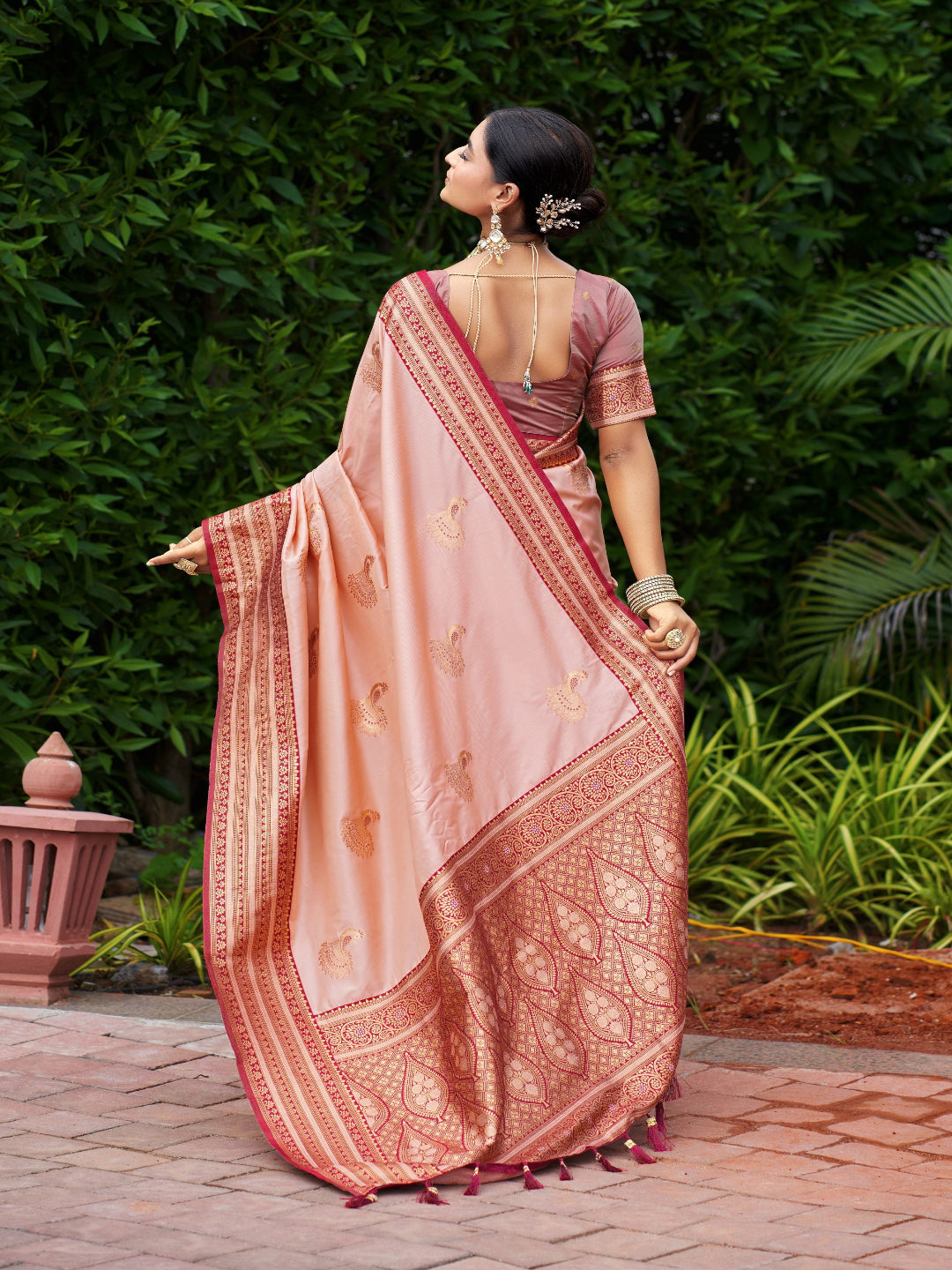 Elegant Peach Silk Saree with Contrast Maroon Heavy Zari Work