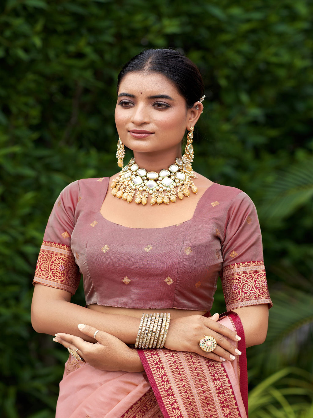 Elegant Peach Silk Saree with Contrast Maroon Heavy Zari Work