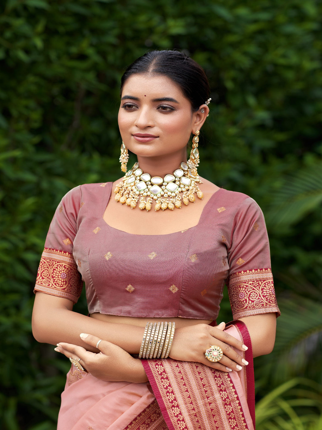 Elegant Peach Silk Saree with Contrast Maroon Heavy Zari Work