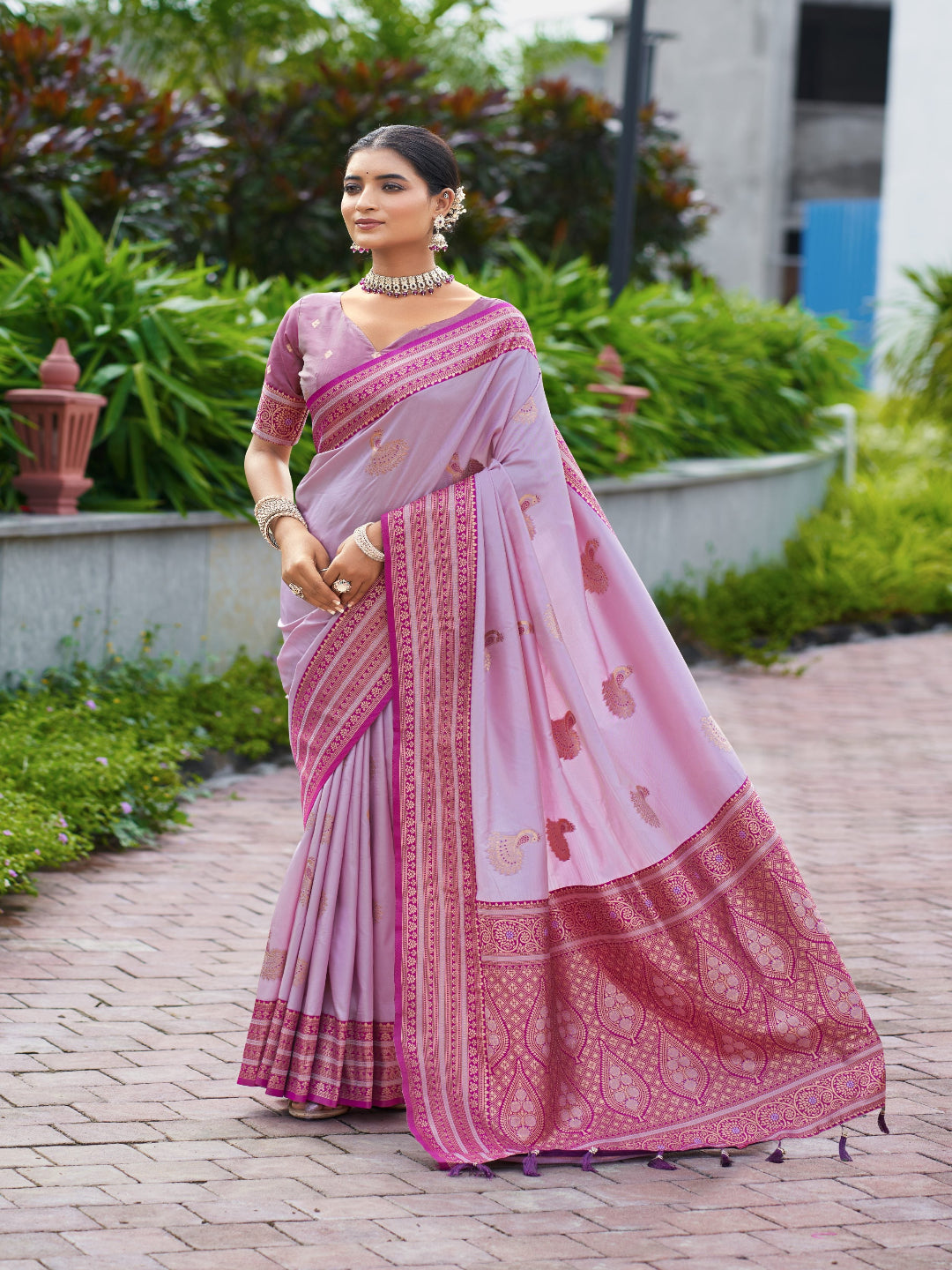 Elegant Peach Silk Saree with Contrast Maroon Heavy Zari Work