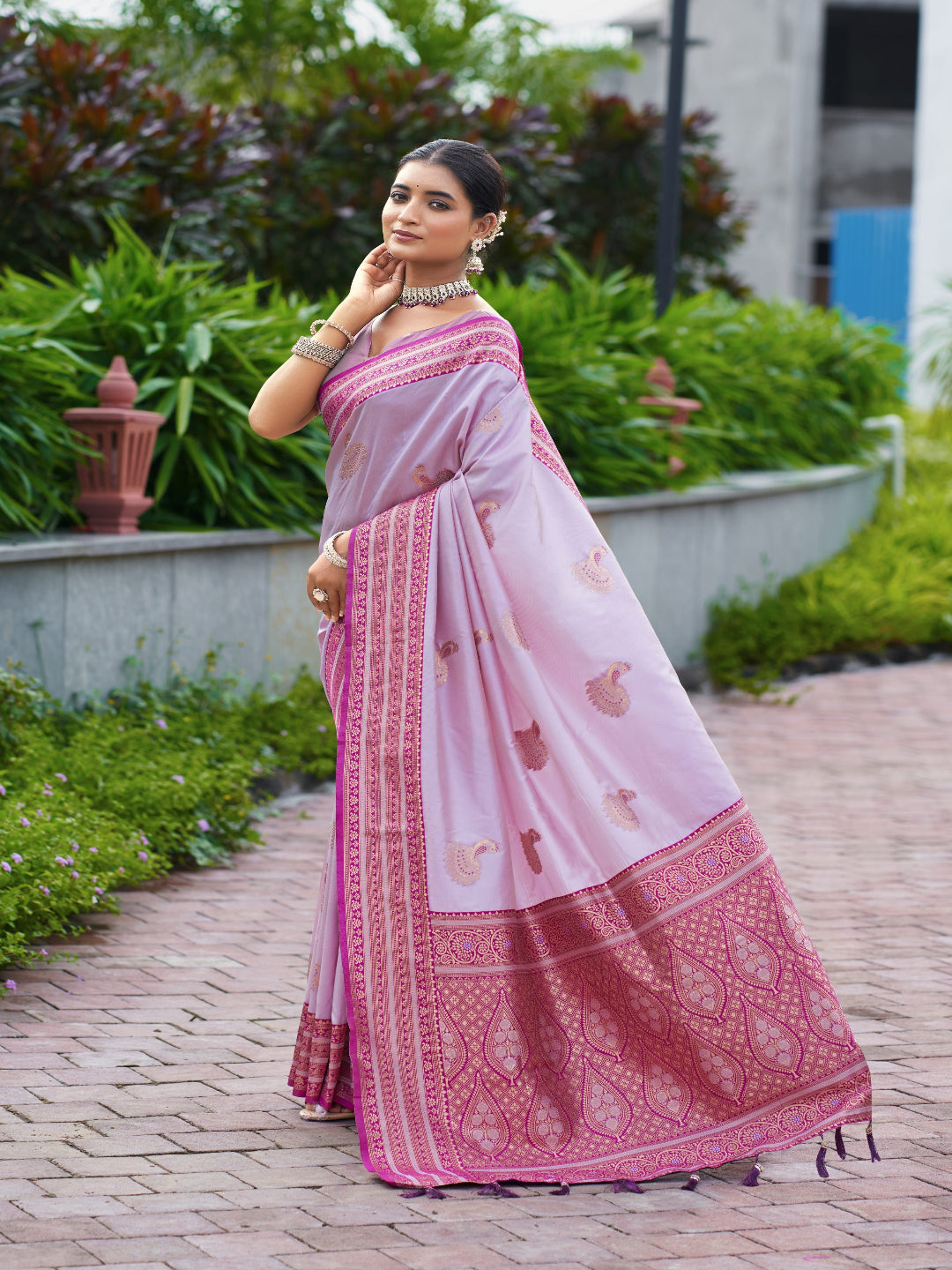 Elegant Peach Silk Saree with Contrast Maroon Heavy Zari Work